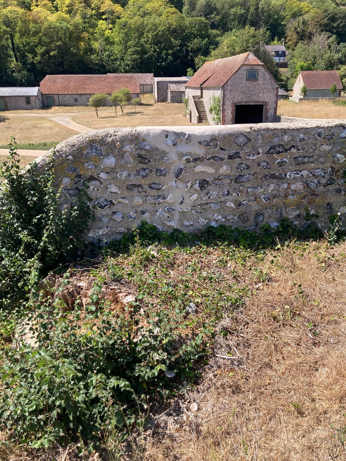 A flint garden wall with farm buildings and a wooded hillside beyond